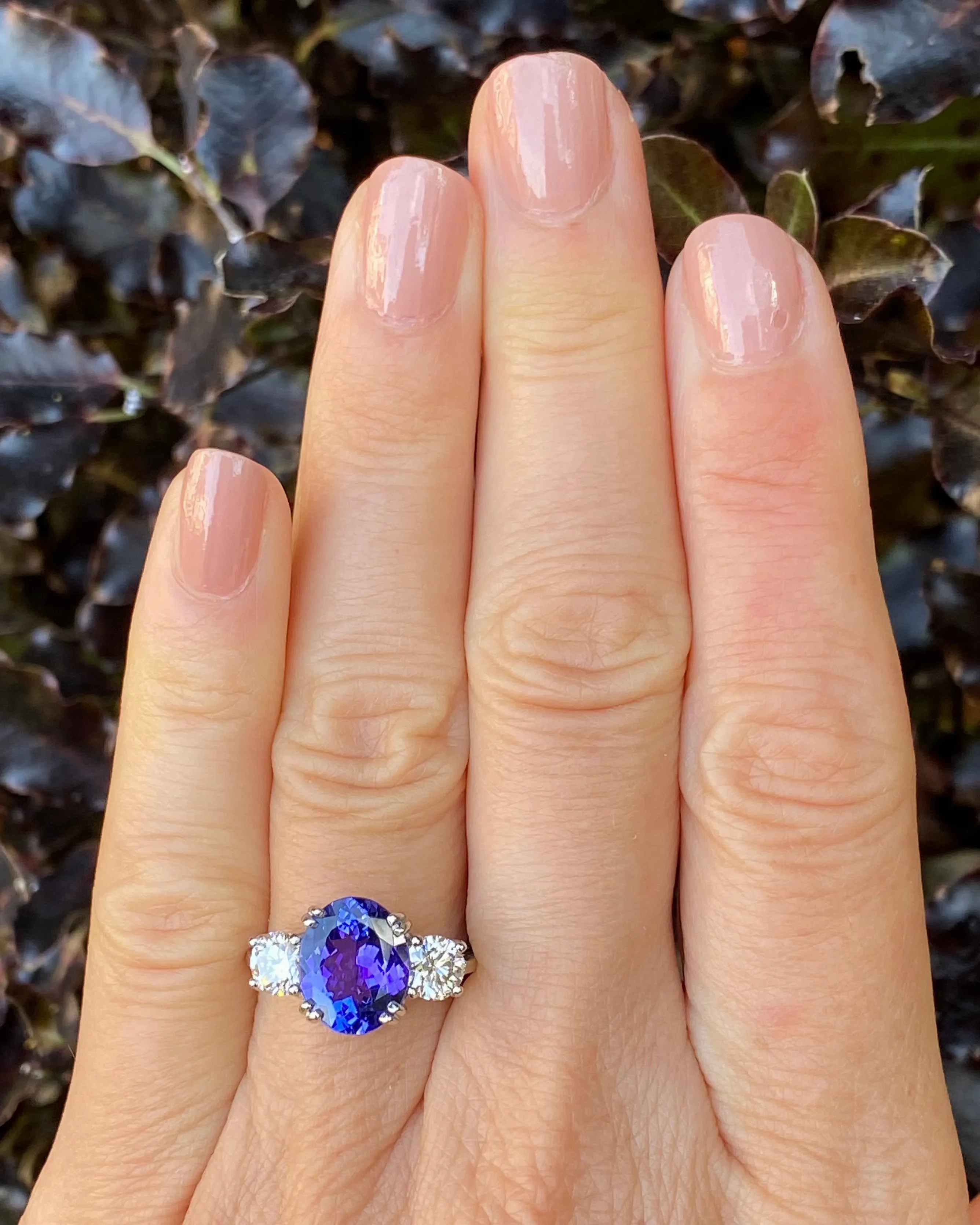 Tanzanite and Diamond Three Stone Platinum Ring 1.03ct   3.45ct