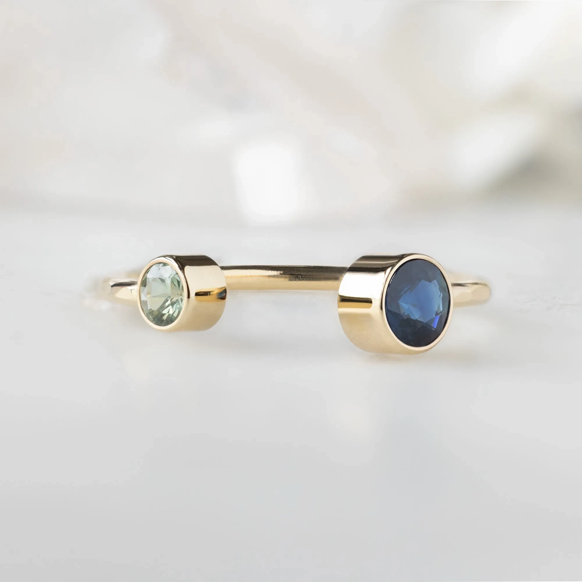 The Open Cuff Blue   Green Sapphire Ring | Yellow Gold or Sterling Silver