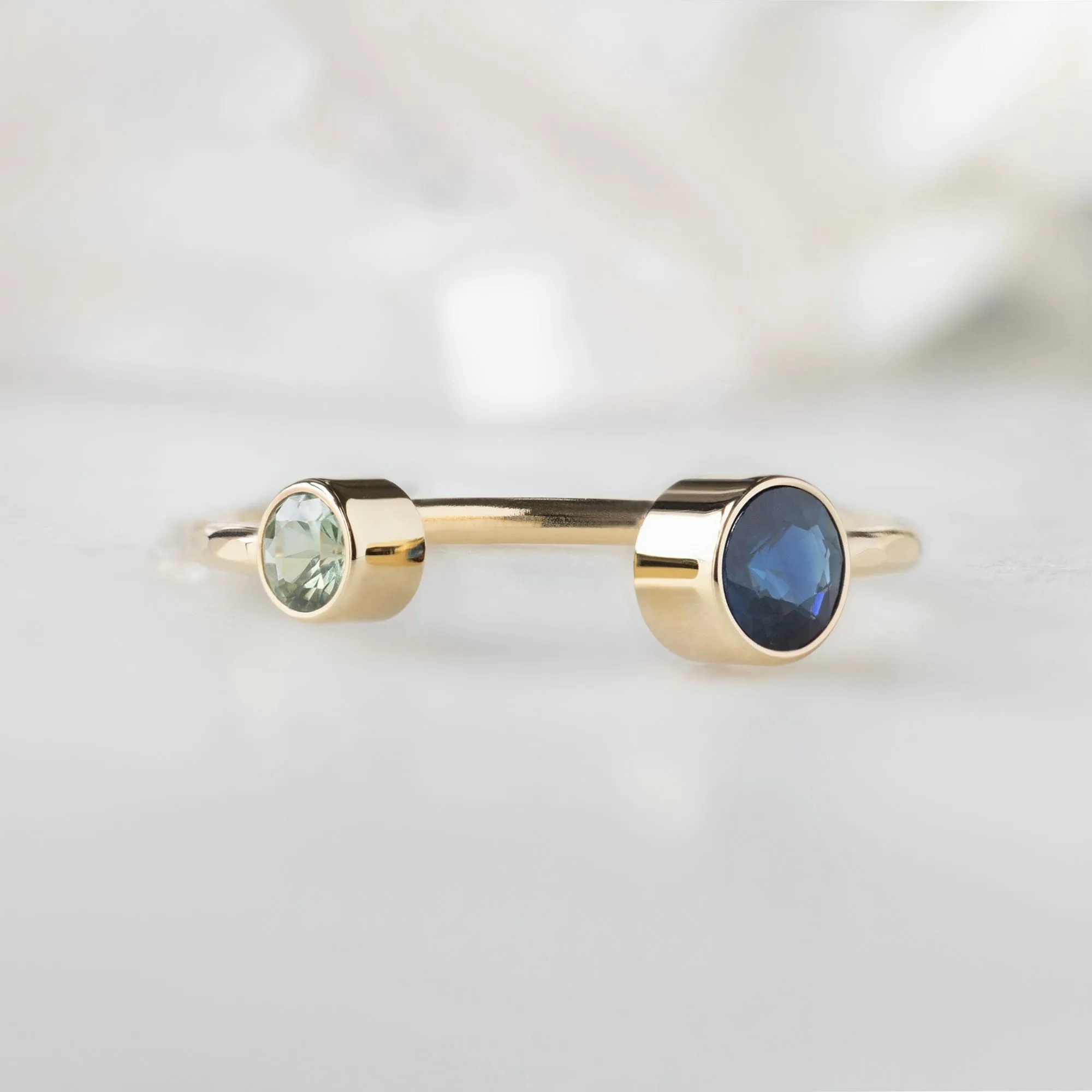 The Open Cuff Blue   Green Sapphire Ring | Yellow Gold or Sterling Silver