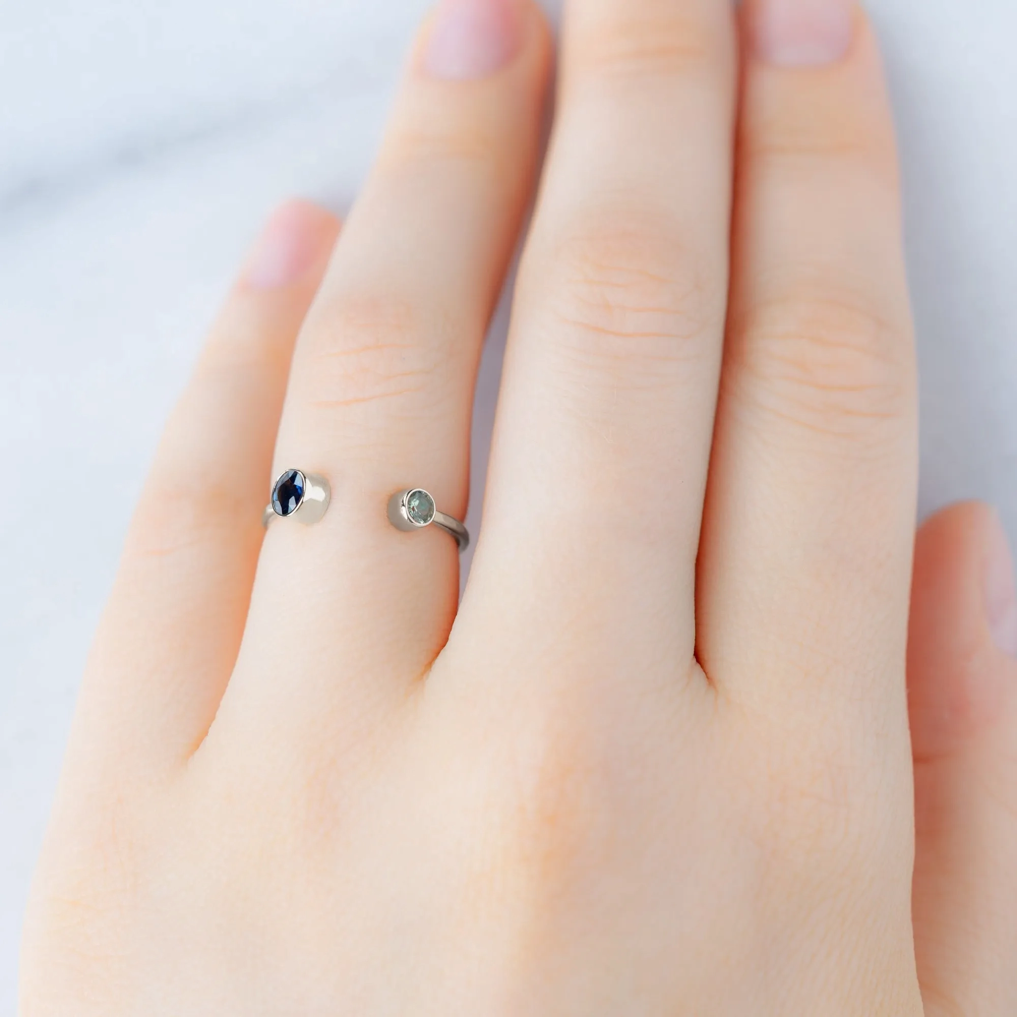 The Open Cuff Blue   Green Sapphire Ring | Yellow Gold or Sterling Silver
