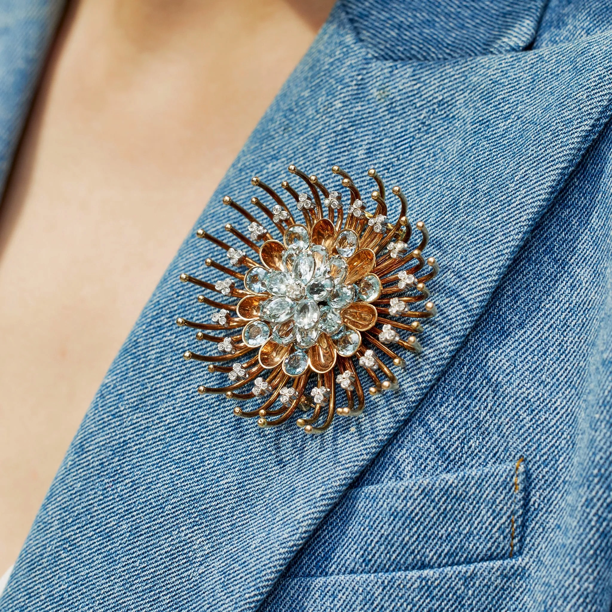 Tiffany &amp; Co. 1940s Aquamarine and Diamond Chrysanthemum Brooch