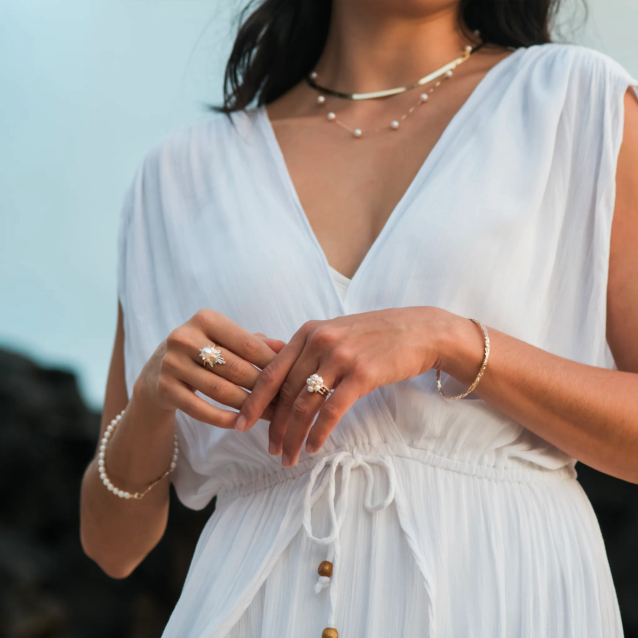 Tiny Bubbles Freshwater White Pearl Ring in Gold with Diamonds