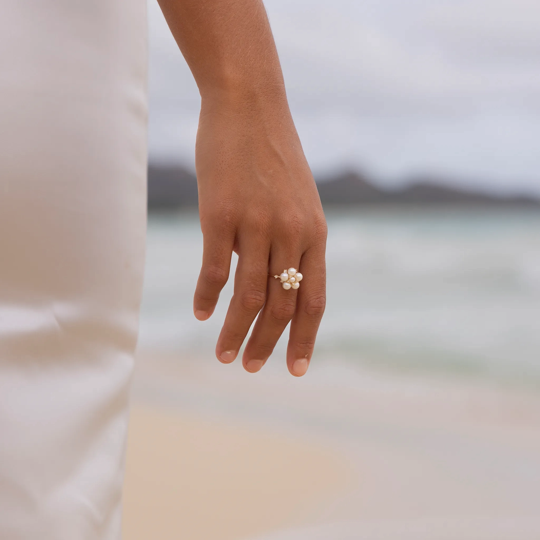 Tiny Bubbles Freshwater White Pearl Ring in Gold with Diamonds