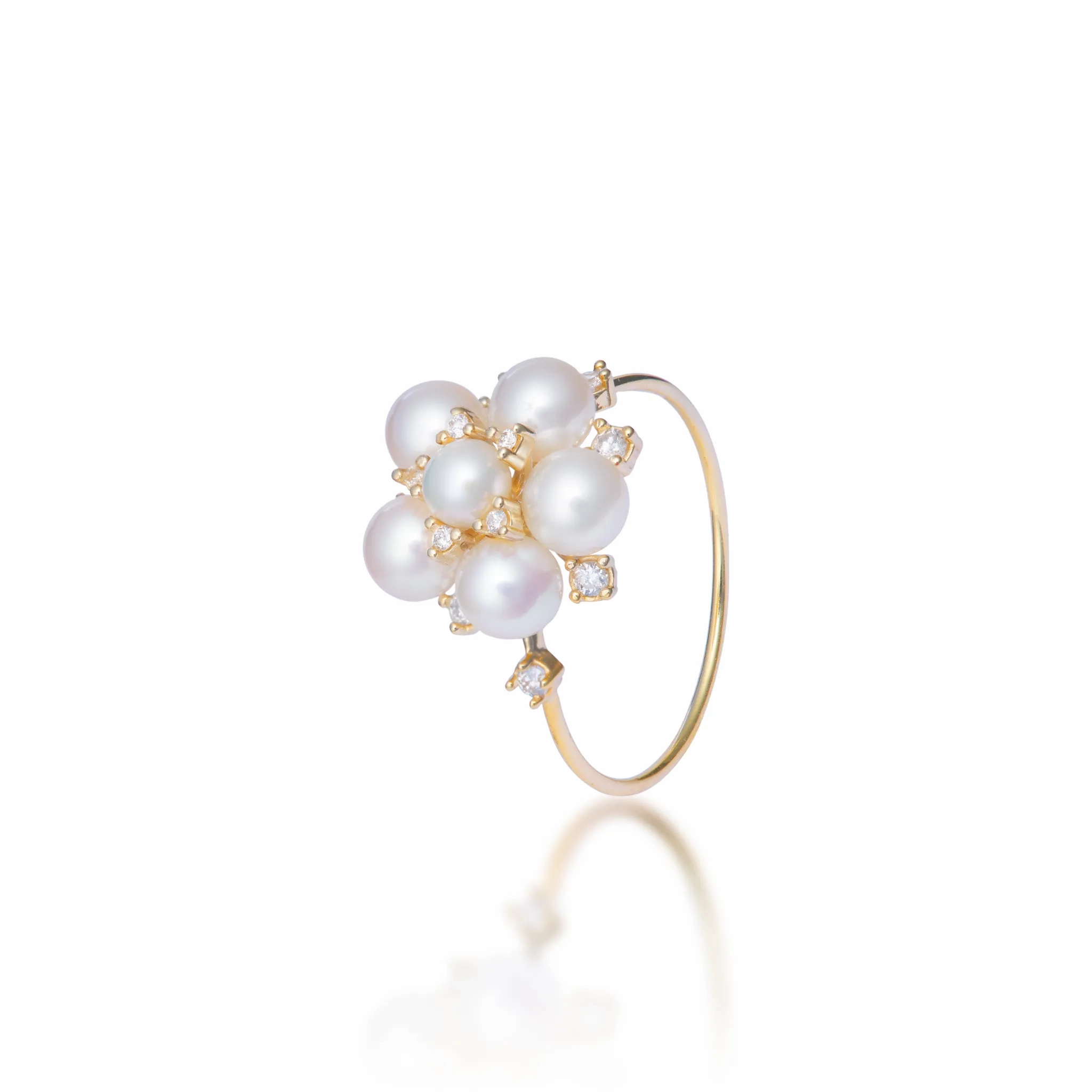 Tiny Bubbles Freshwater White Pearl Ring in Gold with Diamonds
