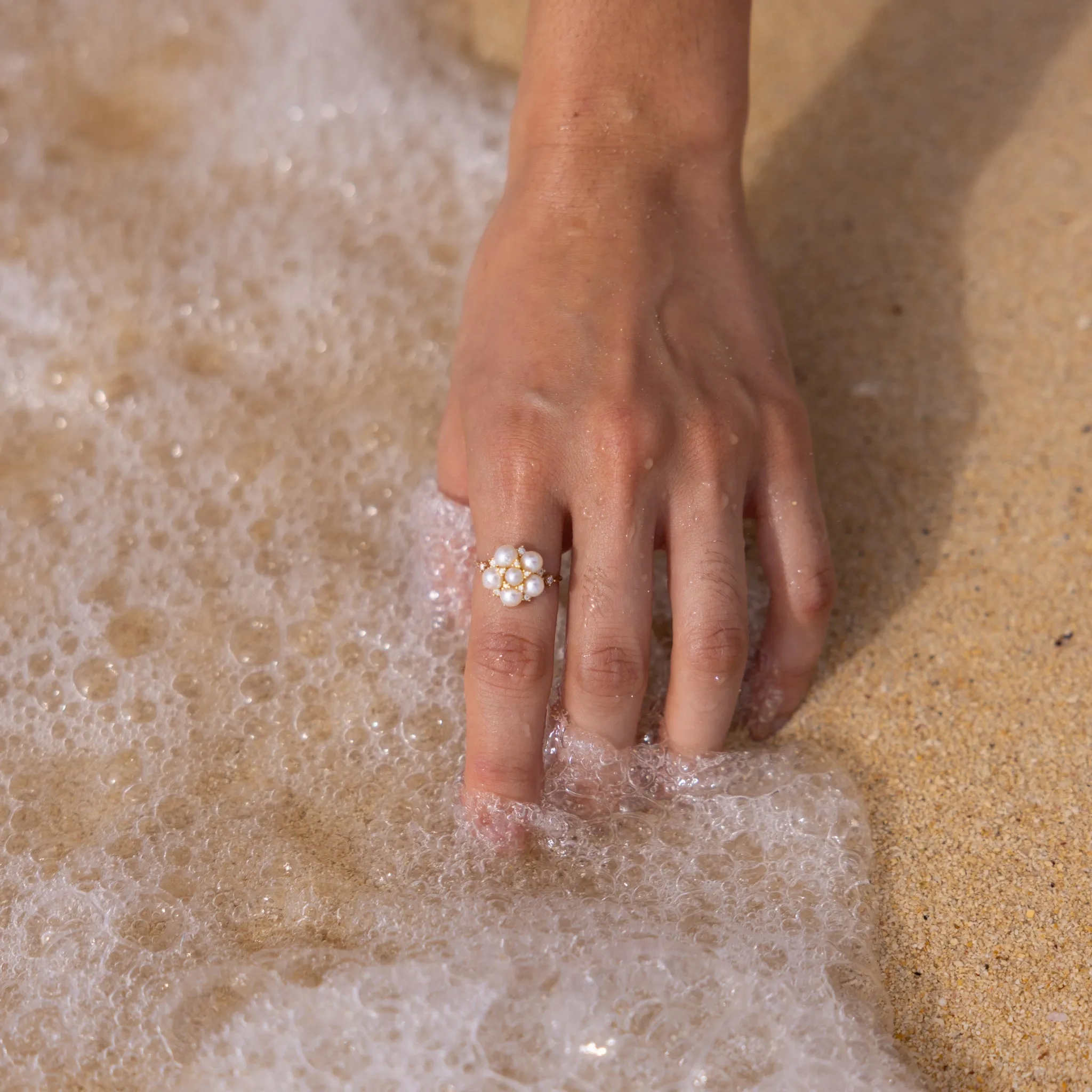 Tiny Bubbles Freshwater White Pearl Ring in Gold with Diamonds