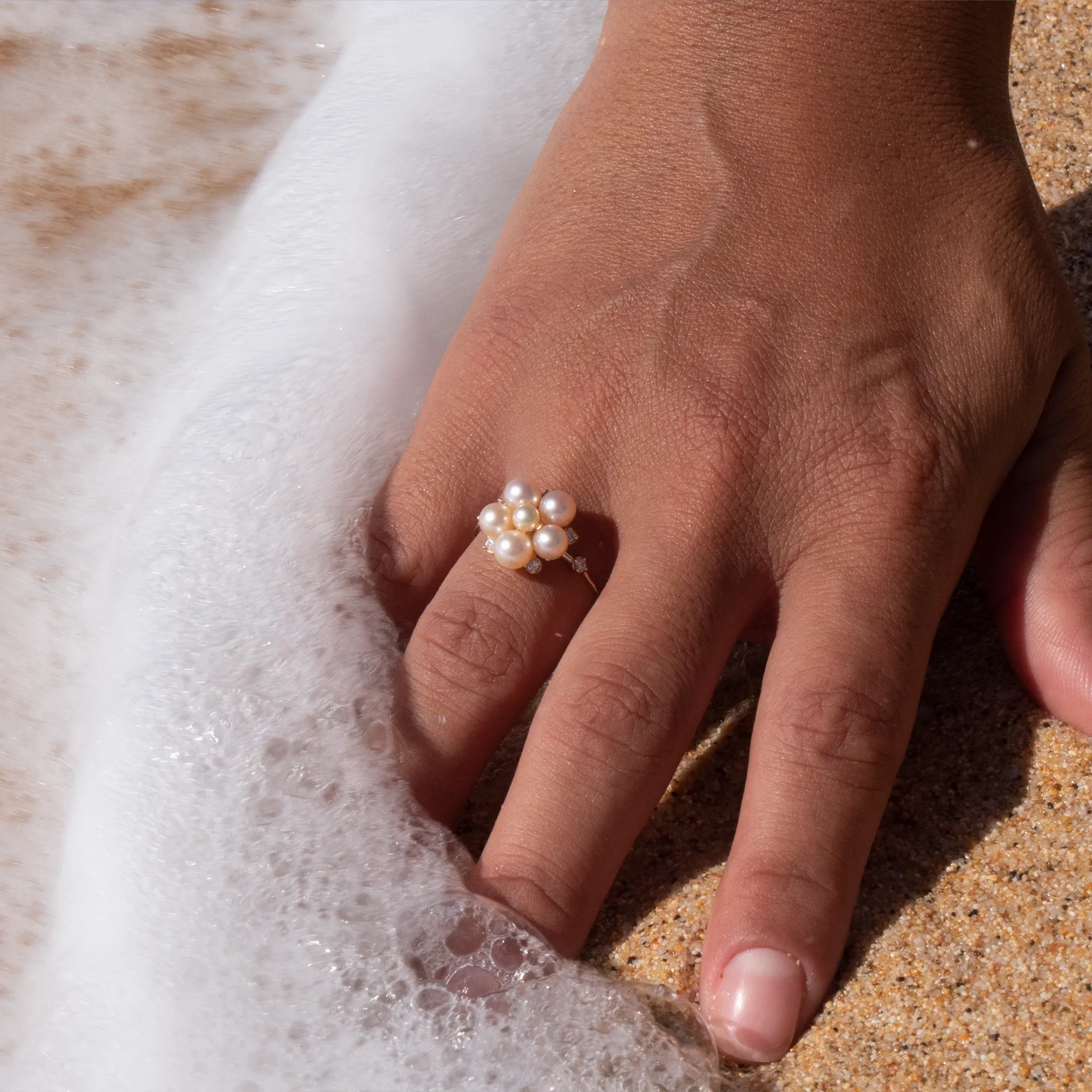 Tiny Bubbles Peach Freshwater Pearl Ring in Gold with Diamonds
