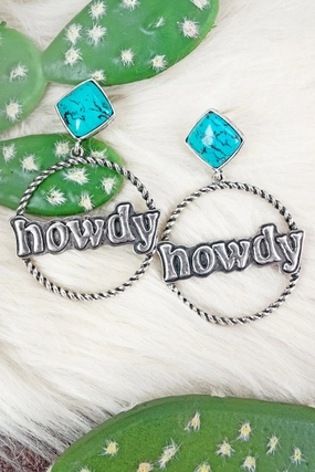 Turquoise and Silvertone 'Howdy' Drop Hoop Earrings texture-rose-gold  