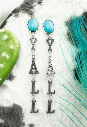 TURQUOISE AND SILVERTONE 'YALL' DROP EARRINGS texture-rose-gold  