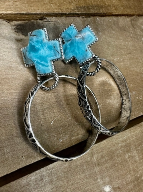 Turquoise and Silvertone Boulder Bay Cross Hoop Earrings texture-rose-gold  
