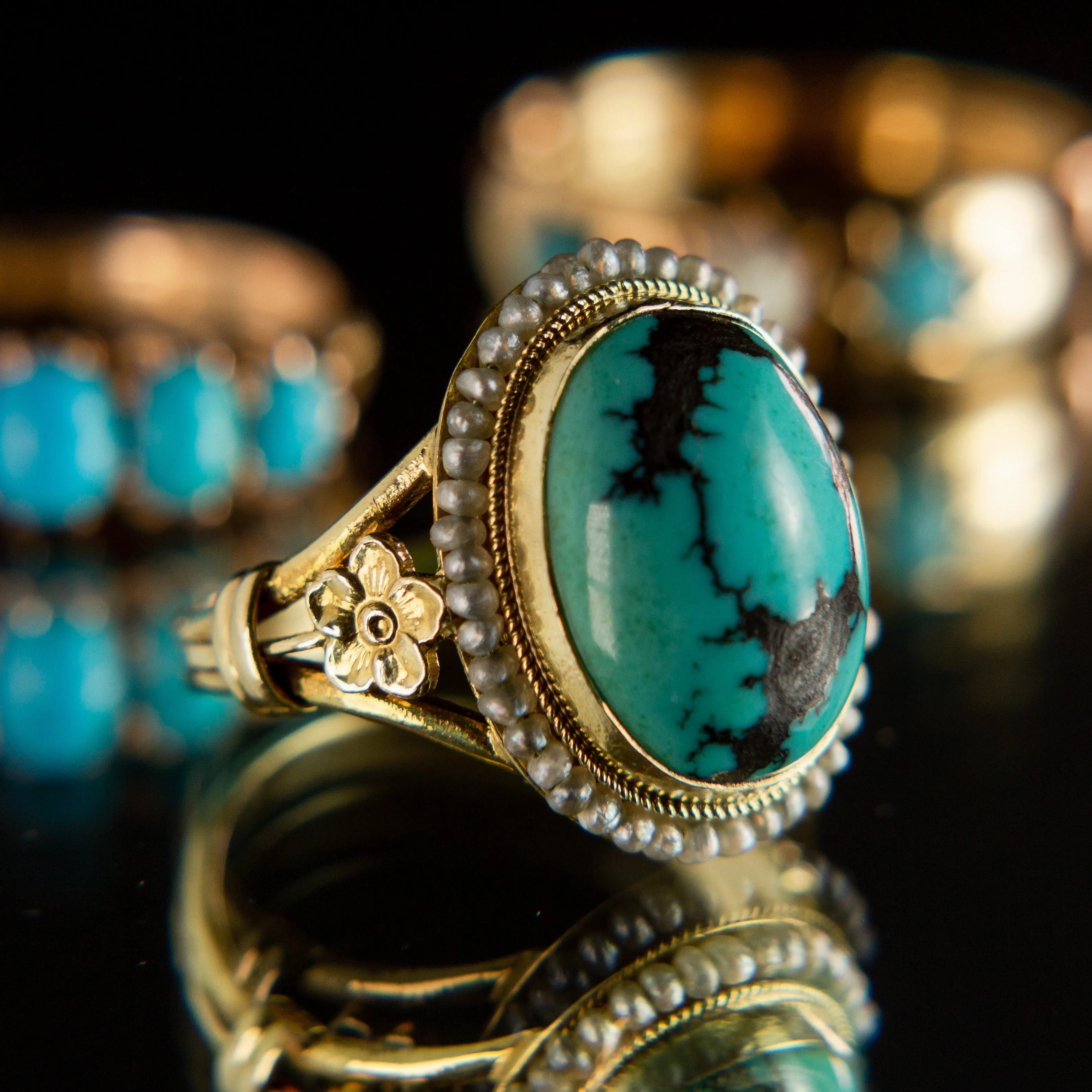 Turquoise Cabochon   Seed Pearl Halo Ring | 14k Gold