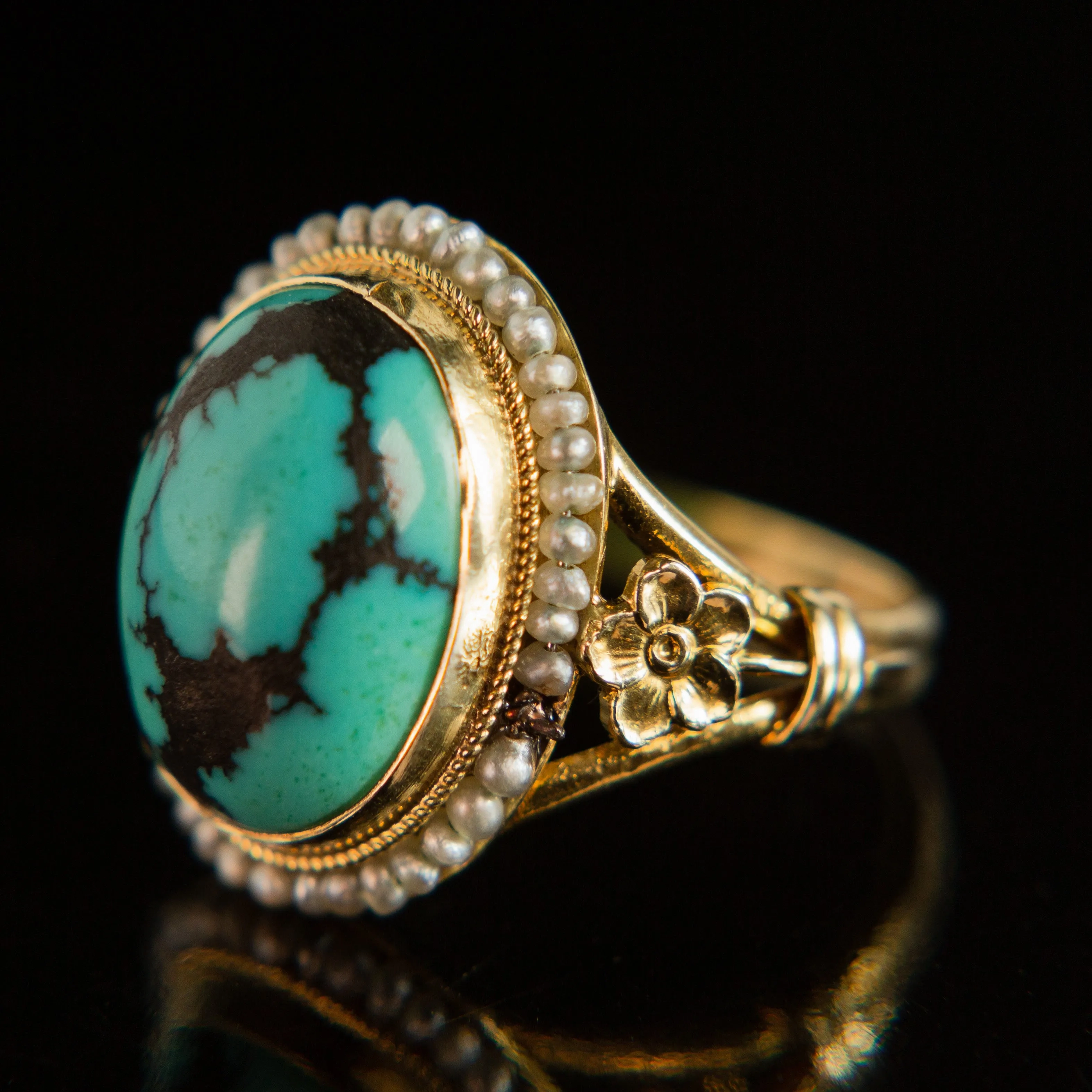 Turquoise Cabochon   Seed Pearl Halo Ring | 14k Gold