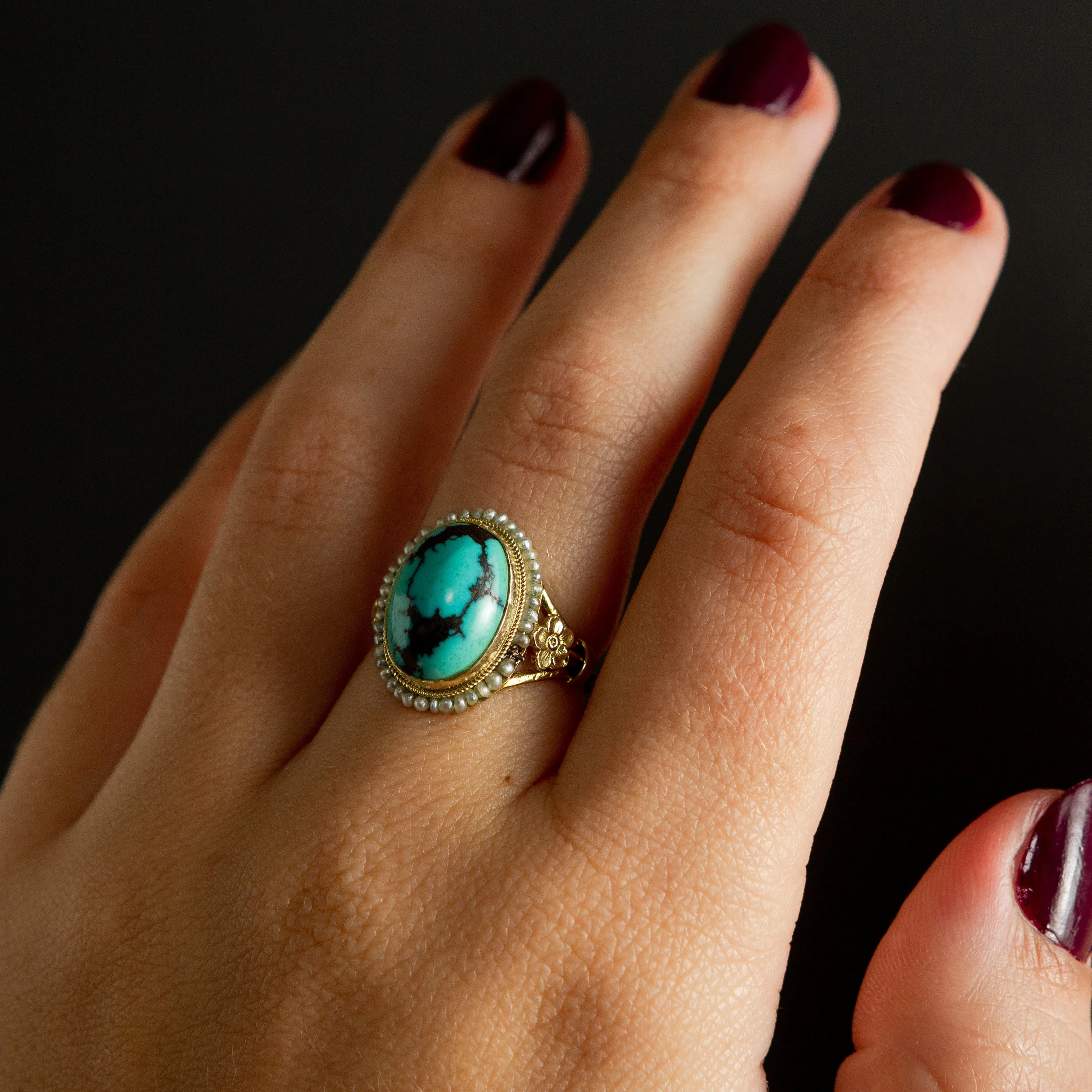 Turquoise Cabochon   Seed Pearl Halo Ring | 14k Gold