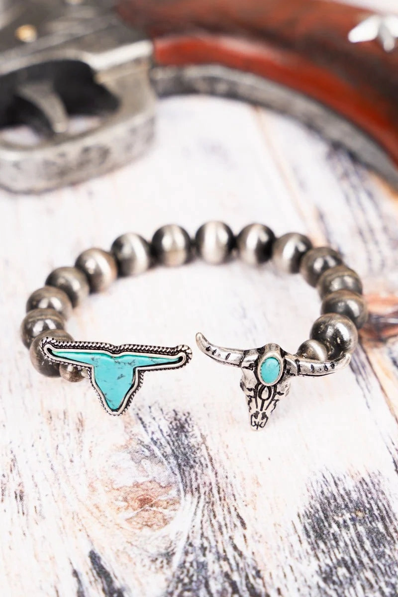 Turquoise Gunrise Steer Head Silvertone Cuff Bracelet texture-rose-gold  