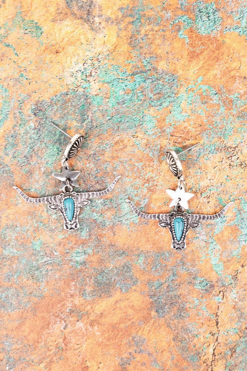 Turquoise Steer Head Dangle Earrings texture-rose-gold  