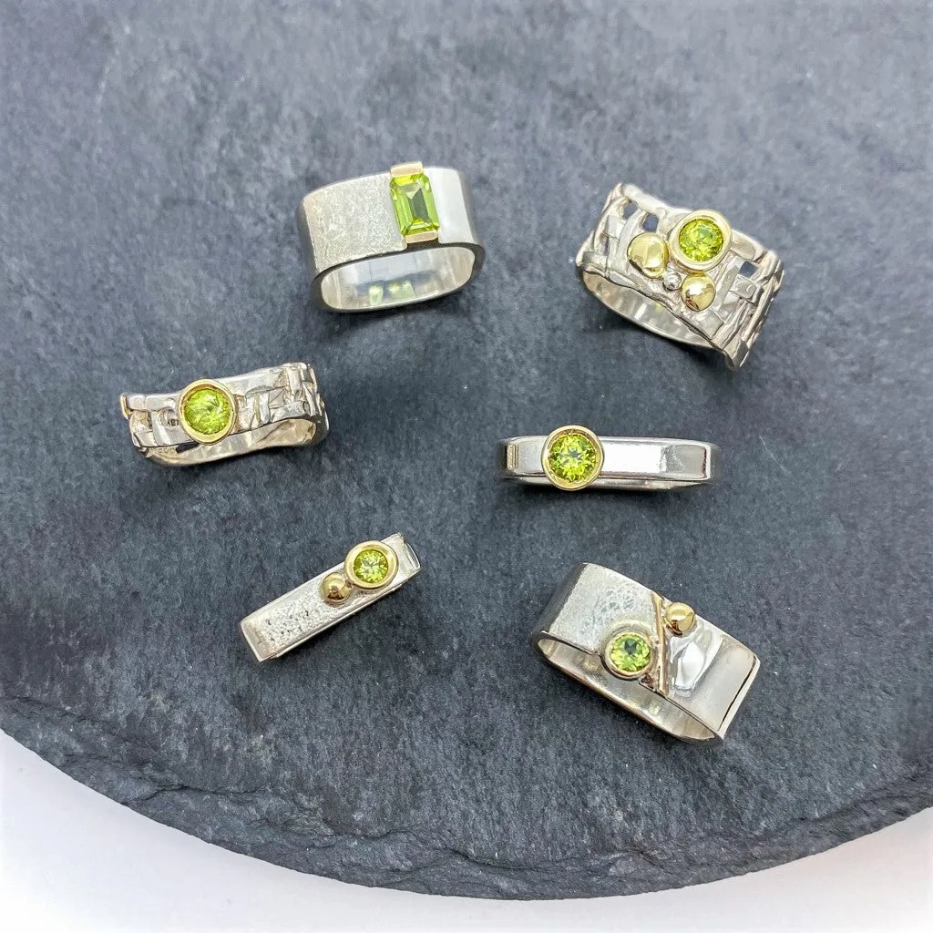 Unique Large Square Stacking Silver &amp; Gold Set Peridot Ring