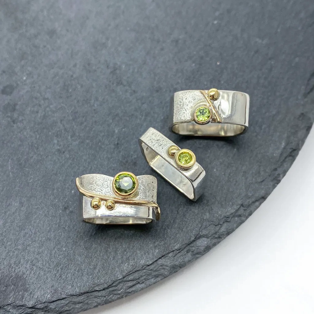 Unique Large Square Stacking Silver &amp; Gold Set Peridot Ring