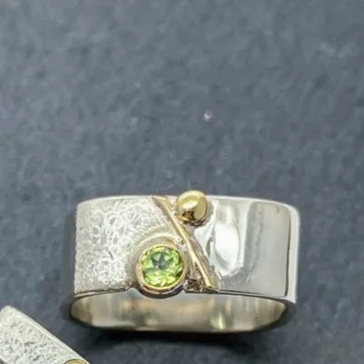 Unique Large Square Stacking Silver &amp; Gold Set Peridot Ring