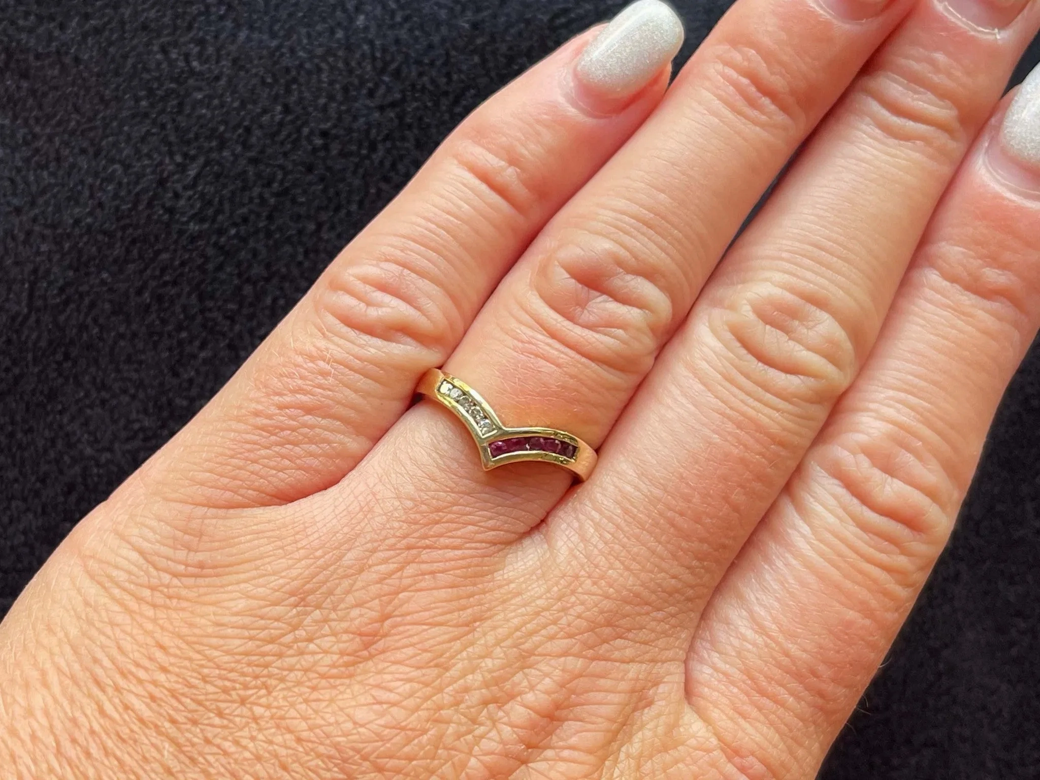 V Shaped Ruby Diamond Band Ring in 14k Yellow Gold