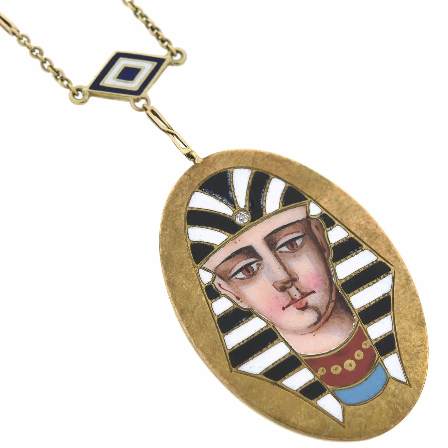Victorian Egyptian Revival 14kt Enameled Pharaoh Pendant Necklace 18&quot;