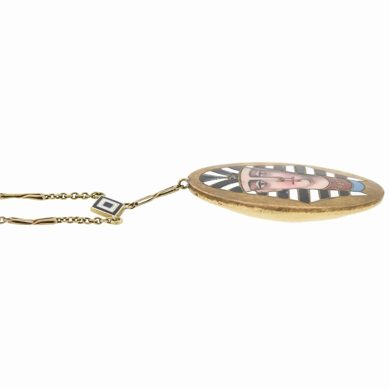 Victorian Egyptian Revival 14kt Enameled Pharaoh Pendant Necklace 18&quot;