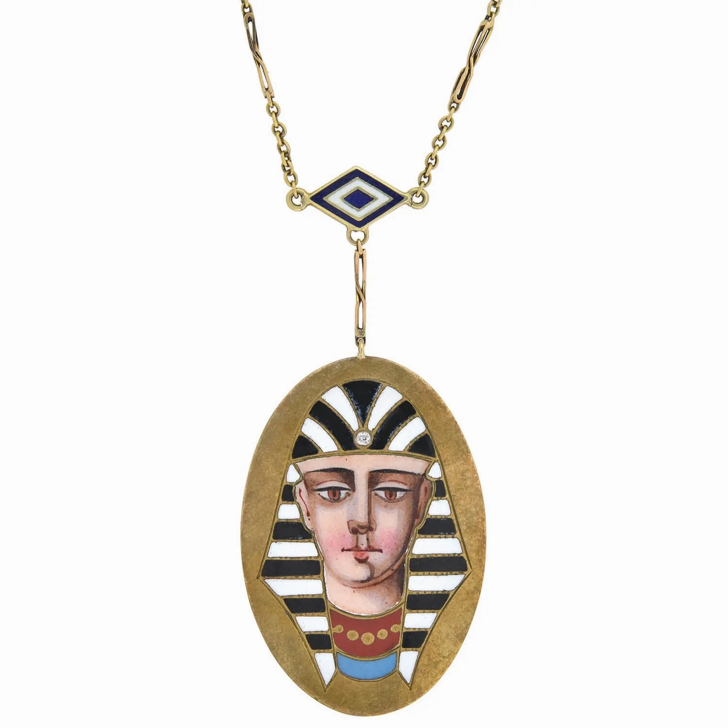 Victorian Egyptian Revival 14kt Enameled Pharaoh Pendant Necklace 18&quot;