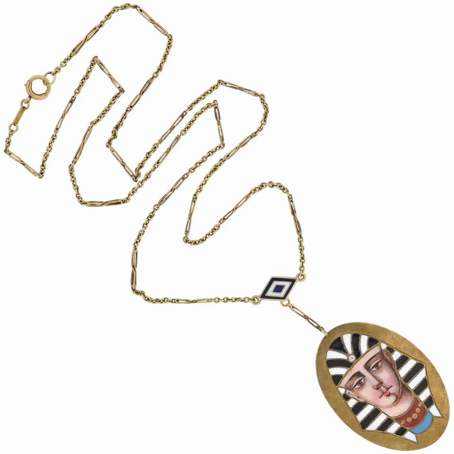 Victorian Egyptian Revival 14kt Enameled Pharaoh Pendant Necklace 18&quot;