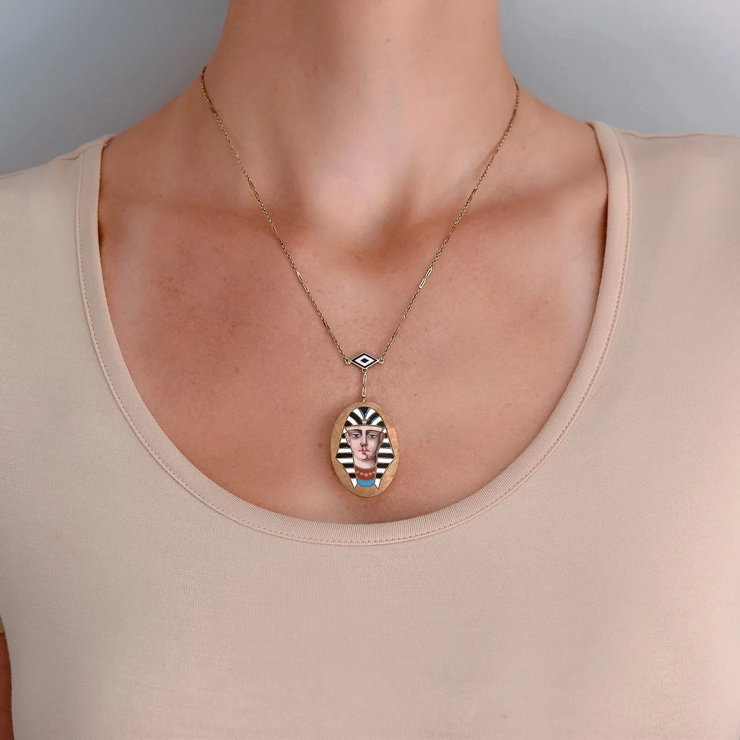 Victorian Egyptian Revival 14kt Enameled Pharaoh Pendant Necklace 18&quot;