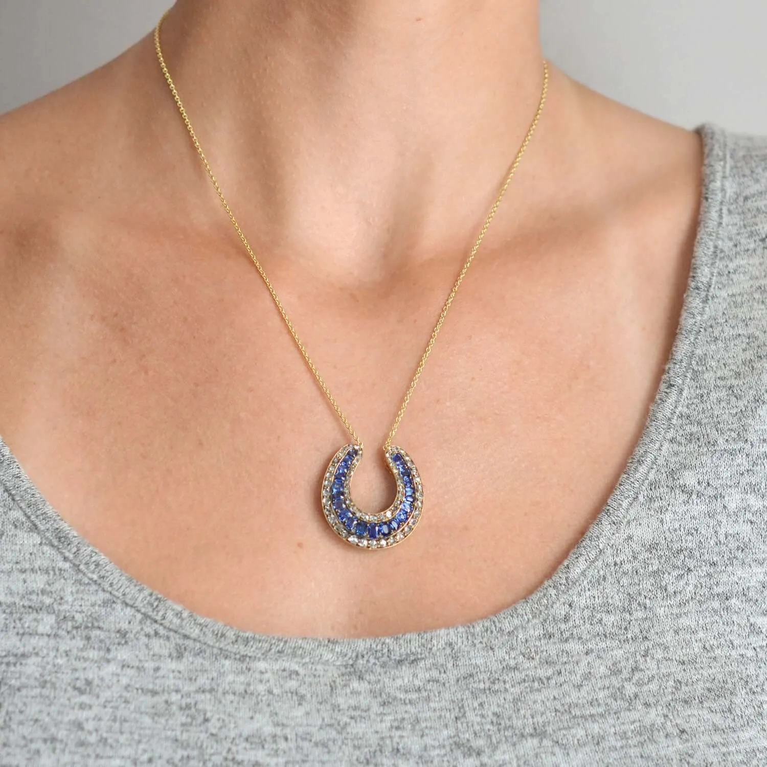 Victorian Large 18kt Sapphire   Rose Cut Diamond Horseshoe Pendant Necklace