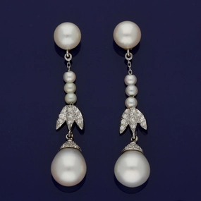 Vintage Cultured Pearl & Diamond 18ct White Gold Drop Earrings texture-pearl  