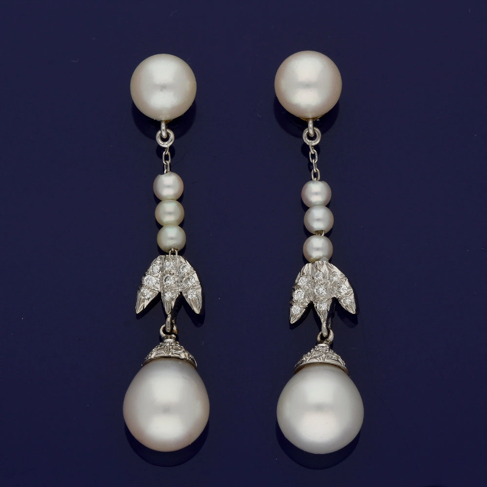 Vintage Cultured Pearl & Diamond 18ct White Gold Drop Earrings texture-pearl  