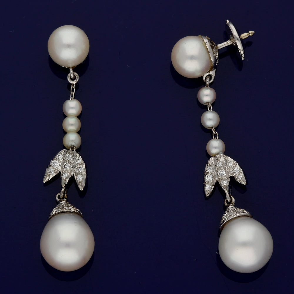 Vintage Cultured Pearl & Diamond 18ct White Gold Drop Earrings