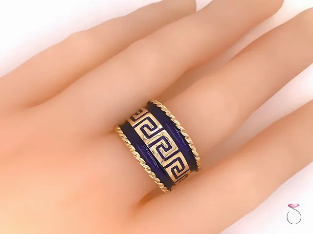 Vintage Designer MAZ Large Blue Enamel Cigar Ring in 14k Yellow Gold