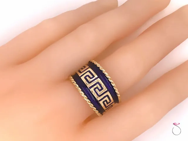 Vintage Designer MAZ Large Blue Enamel Cigar Ring in 14k Yellow Gold