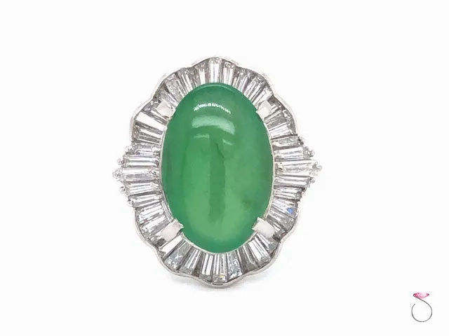 Vintage Grade A Apple Green Jadeite Jade Ballerina Diamond Ring, GIA Jade Report