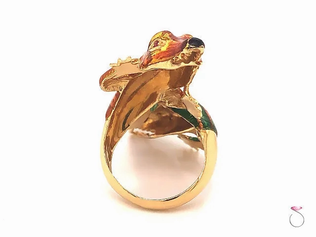 Vintage Large Enameled Alligator Ring in 18k Yellow Gold &amp; Rubies. Rare 1960's