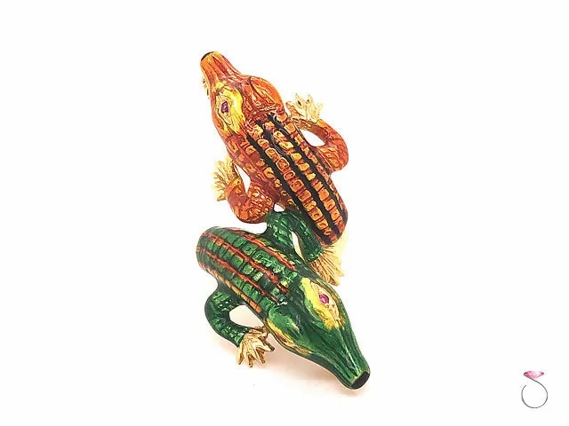 Vintage Large Enameled Alligator Ring in 18k Yellow Gold &amp; Rubies. Rare 1960's
