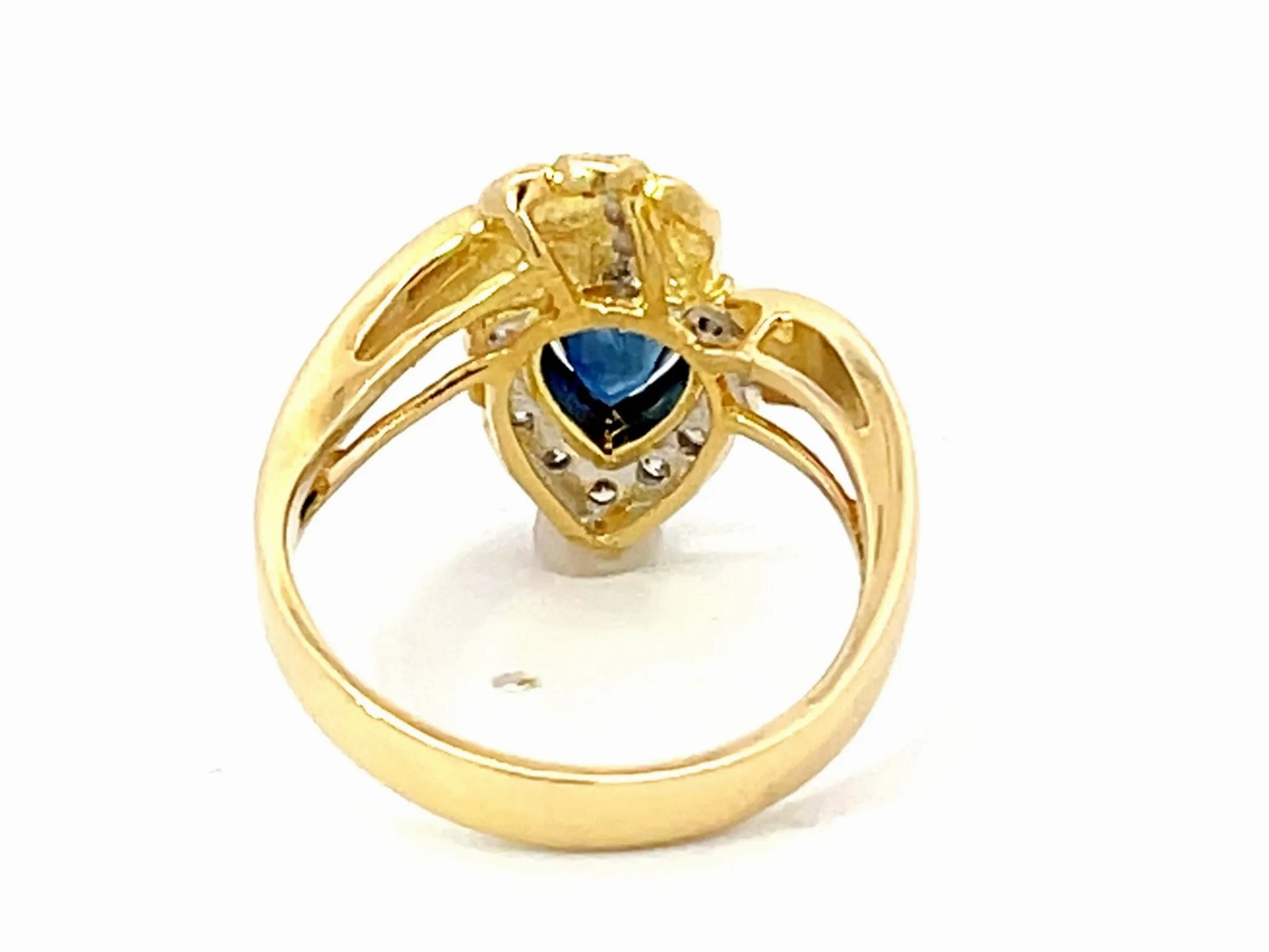 Vintage Pear Shaped Sapphire and Diamond Halo Ring in 18k Yellow Gold