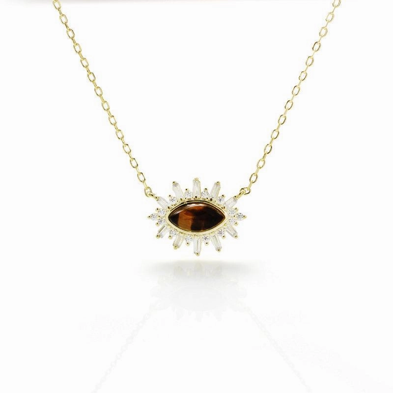 Vintage Tiger Eye Stone S925 Sterling Silver Gold Plated Collarbone Necklace