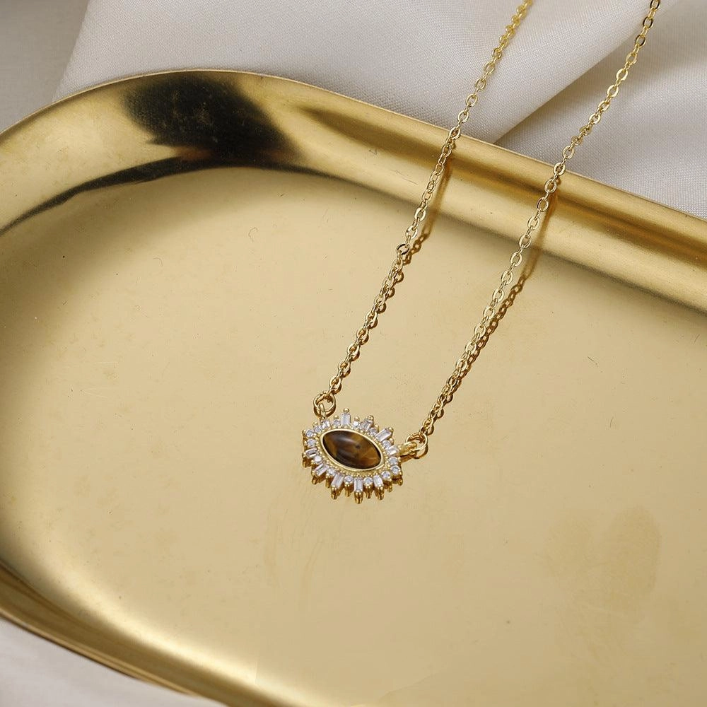Vintage Tiger Eye Stone S925 Sterling Silver Gold Plated Collarbone Necklace