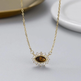 Vintage Tiger Eye Stone S925 Sterling Silver Gold Plated Collarbone Necklace 