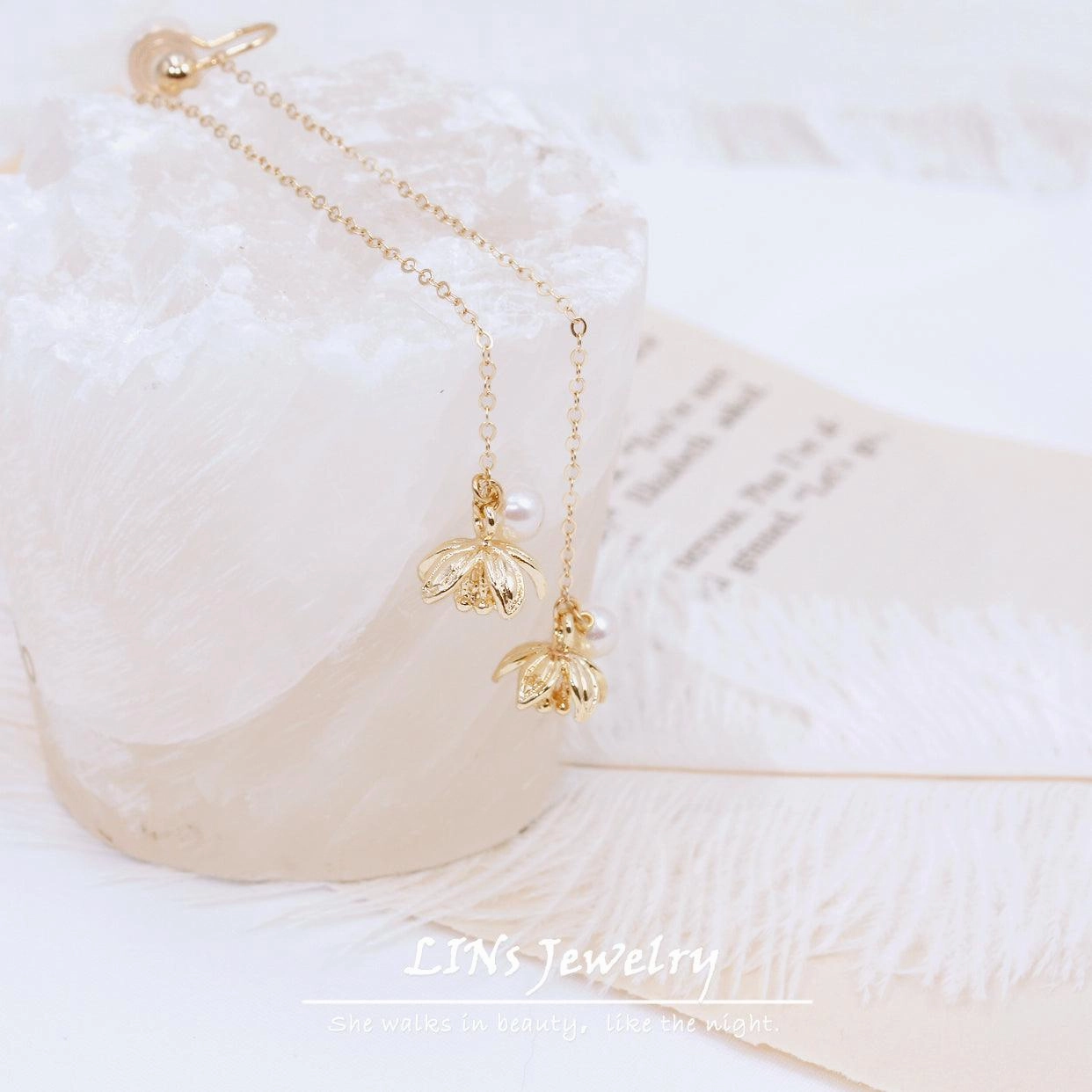 Water Lily Three-dimensional Lotus Pearl Bag Gold Ear Clip