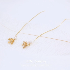 Water Lily Three-dimensional Lotus Pearl Bag Gold Ear Clip 