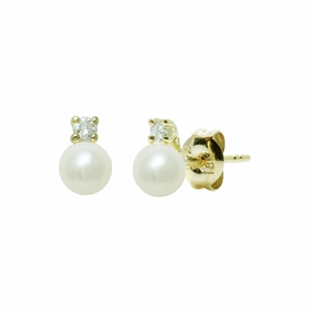 White Freshwater Pearl & Diamond 18ct Yellow Gold Stud Earrings texture-pearl  