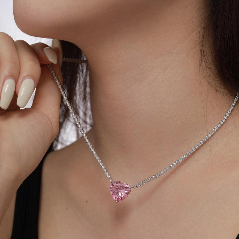 Women's Fashion Sterling Silver Peach Heart Pendant Necklace With Diamonds