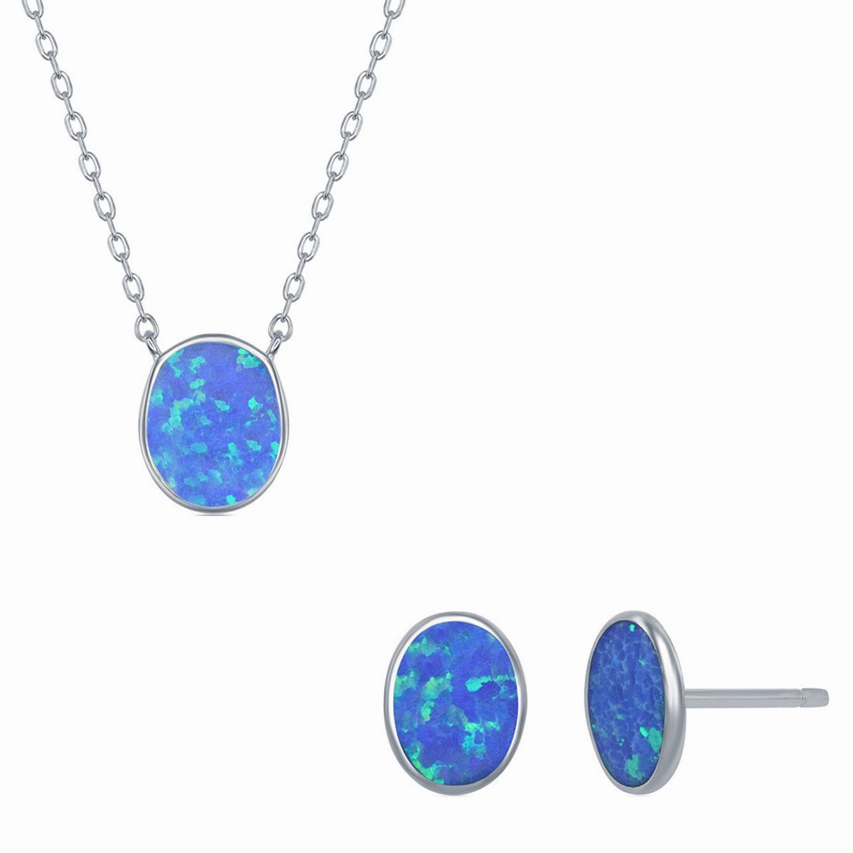 Women's Necklace and Earrings Set - Sterling Blue Inlay Opal Disc | SET-581 suit-set  