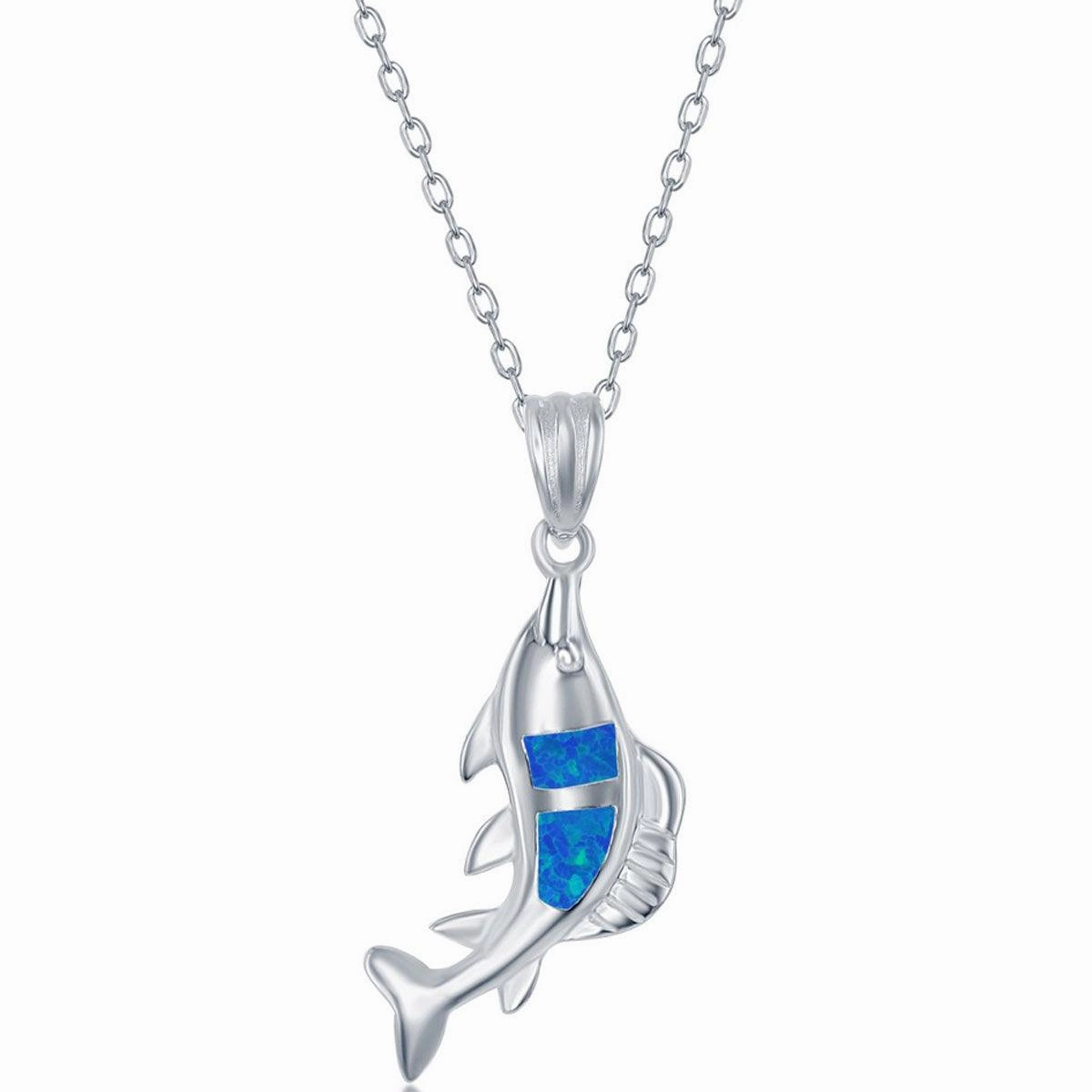 Women's Necklace and Earrings Set - Sterling Blue Inlay Opal Fish | SET-580