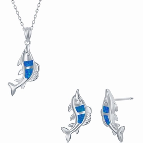Women's Necklace and Earrings Set - Sterling Blue Inlay Opal Fish | SET-580 suit-set  
