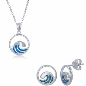 Women's Necklace and Earrings Set - Sterling Blue Inlay Opal Wave | SET-571 suit-set  