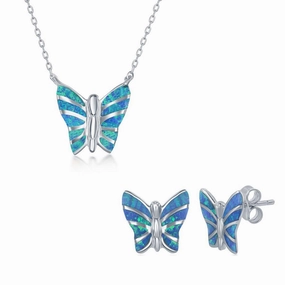 Women's Necklace and Earrings Set - Sterling Blue Opal Butterfly | SET-574 suit-set  