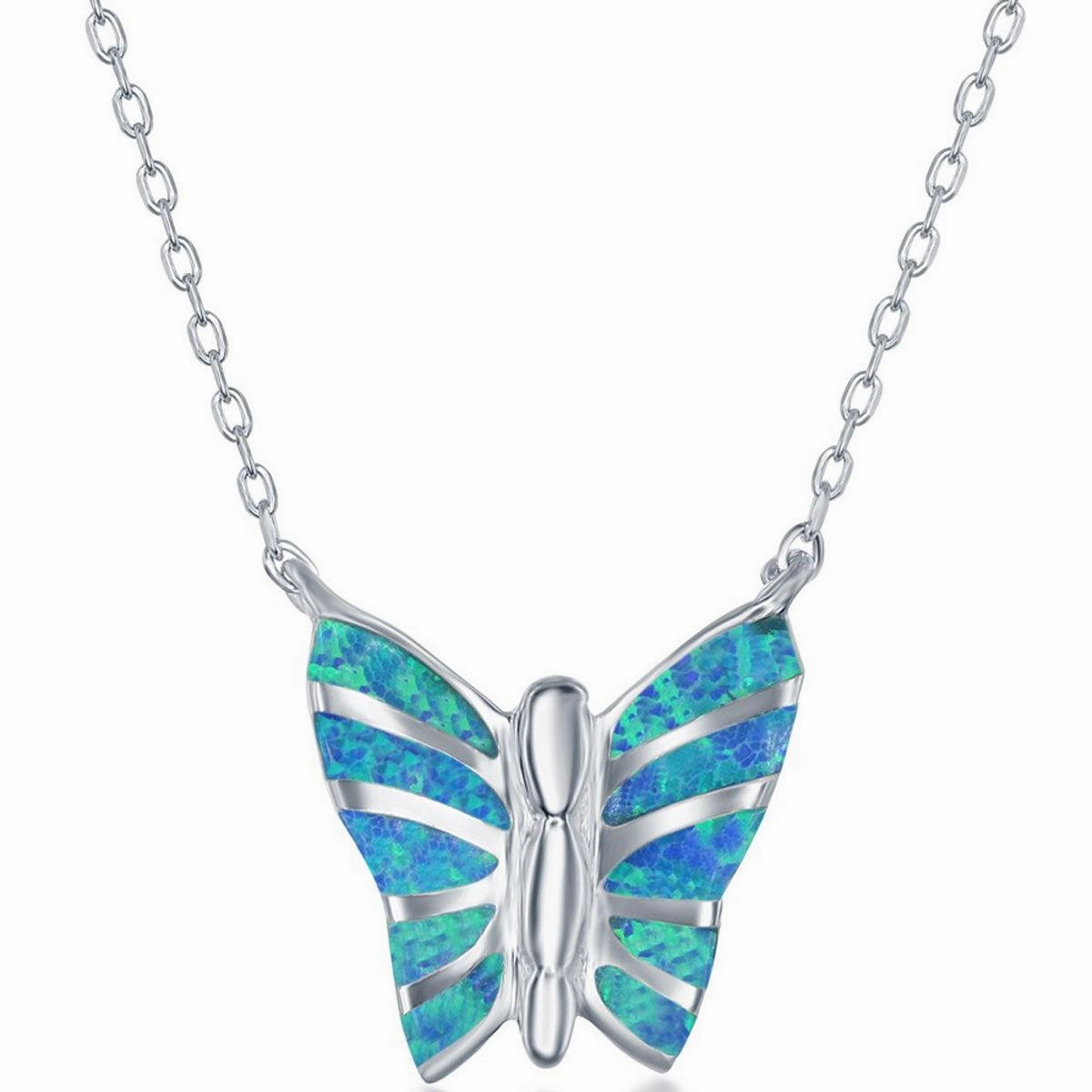 Women's Necklace and Earrings Set - Sterling Blue Opal Butterfly | SET-574